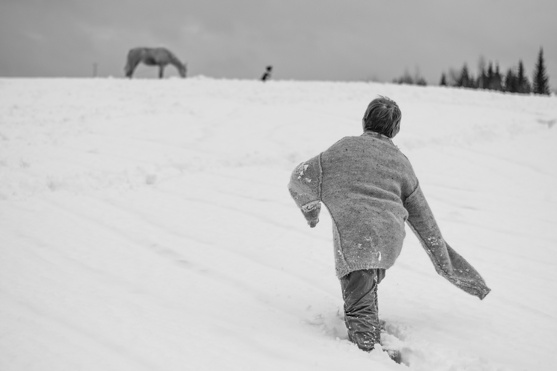 Figure crossing a snowy field toward a distant horse