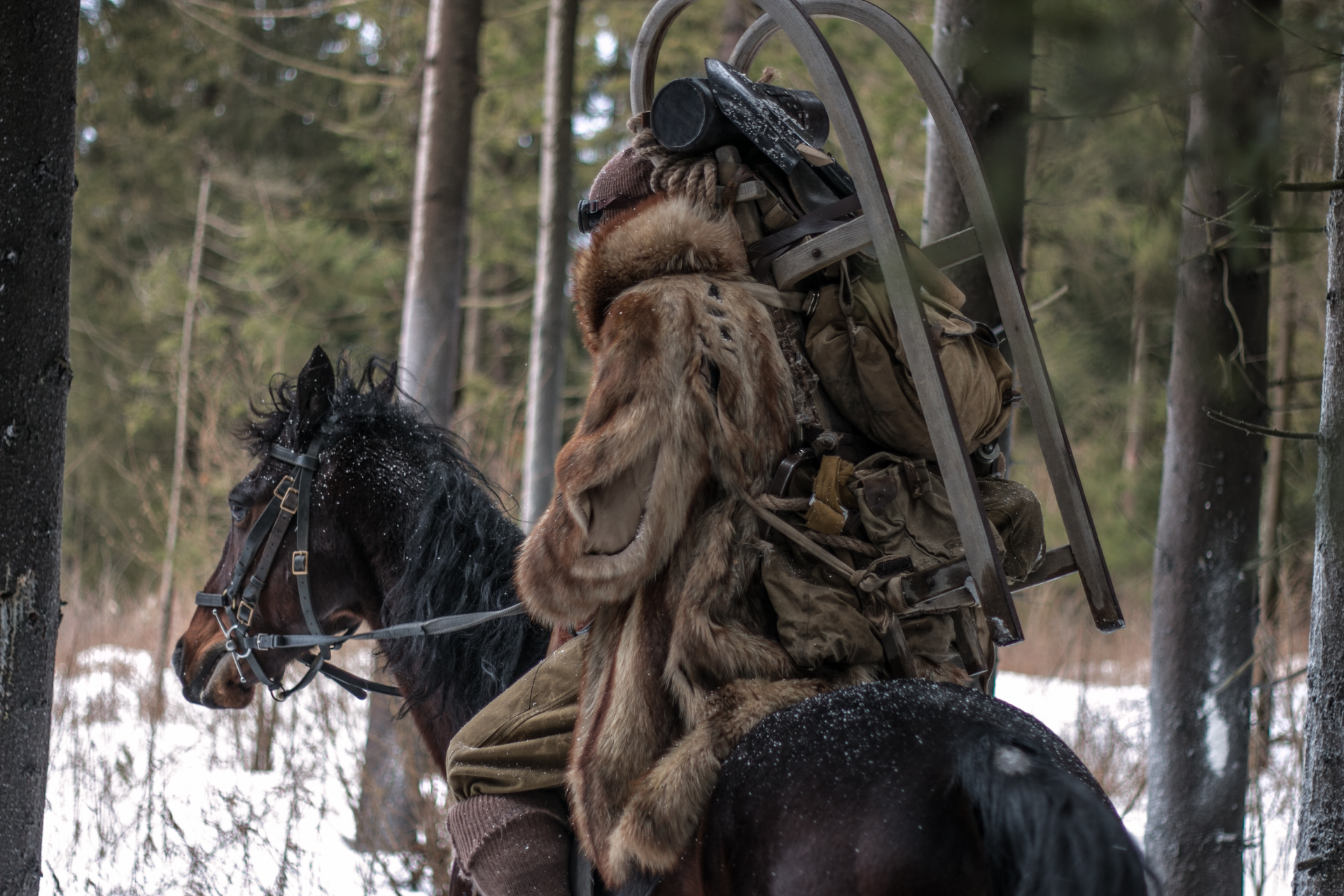 Fur-clad rider with sled and gear leading a horse through the woods